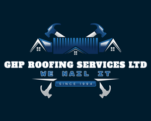 Logo of GHP Roofing Services Ltd featuring a house silhouette with tools including hammers and anchors emphasizing their roofing expertise since 1994 five star service